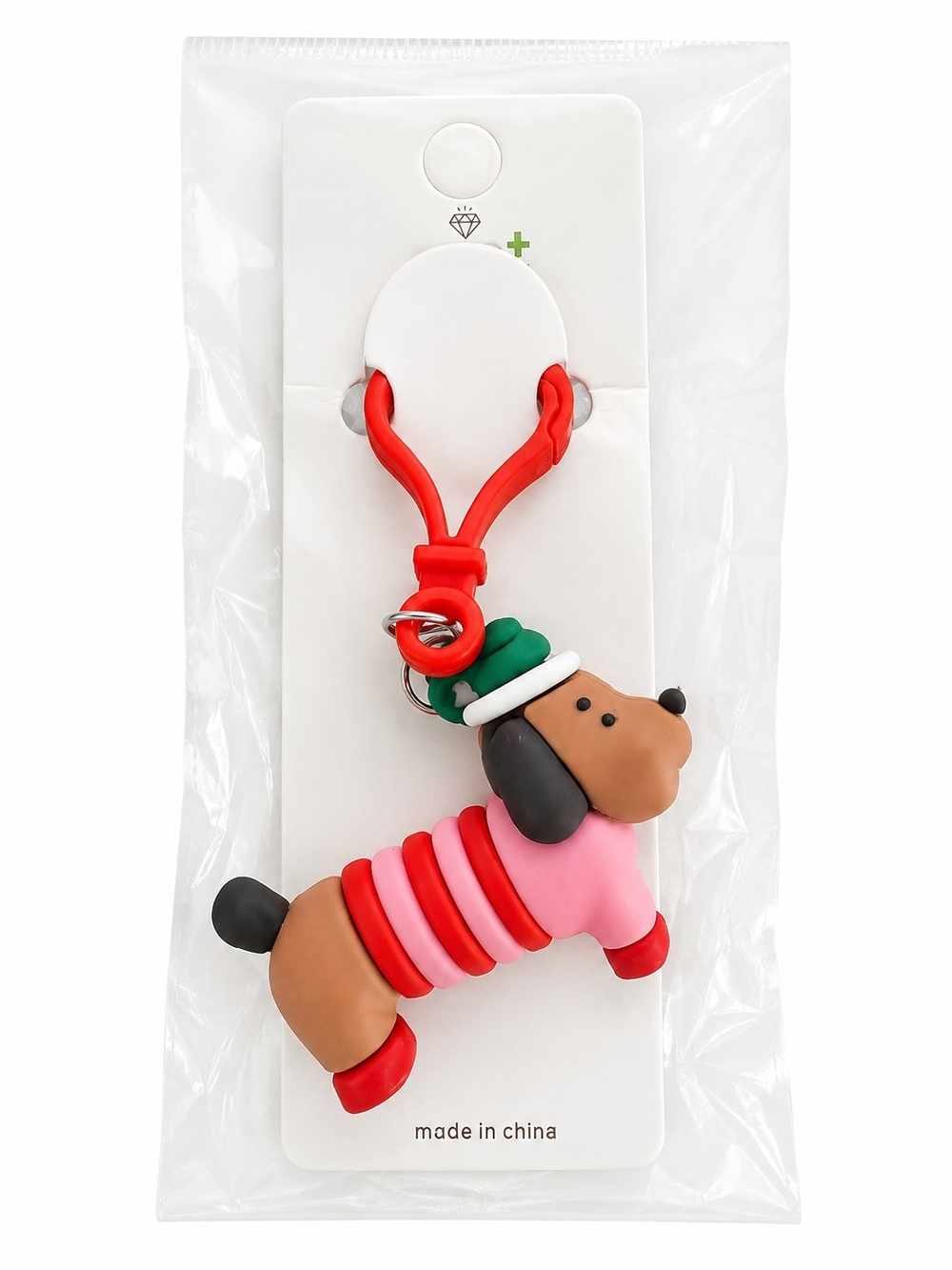 Mint Red & Pink Dachshund Keychain Plush-Style Toy